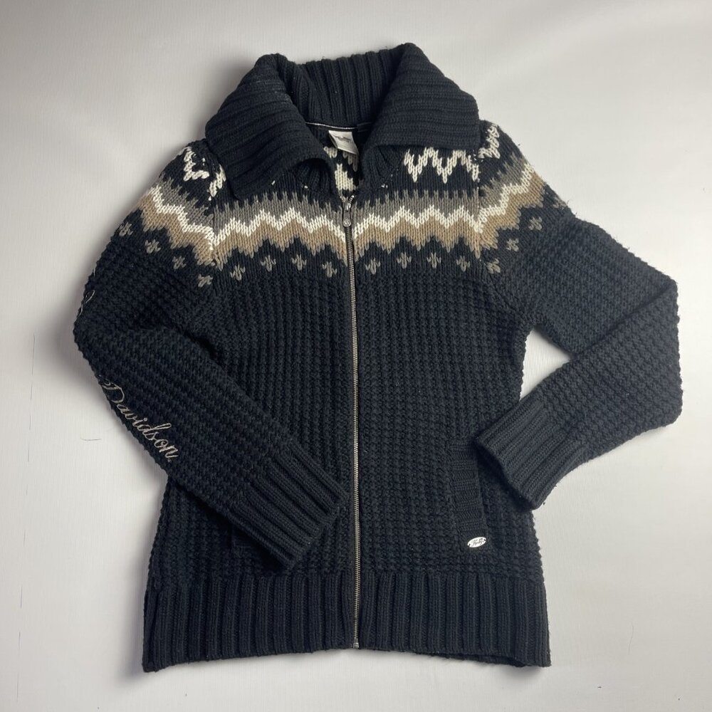 Harley-Davidson Black Knit Zip Sweater with Cream and Gray Fair Isle